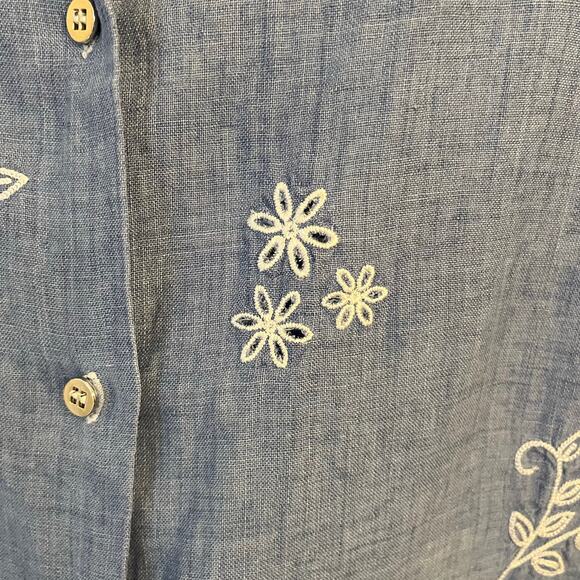 VTG Josephine Chaus 100% Linen Embroidery Button Up Shirt L Blue Coastal Grandma - Picture 4 of 13